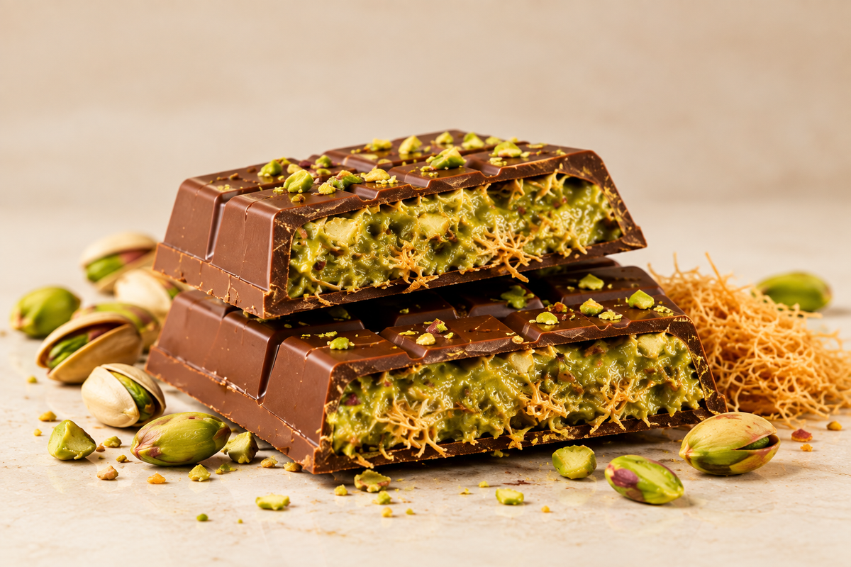 Chocolate being broken open to reveal crispy kunafa filling